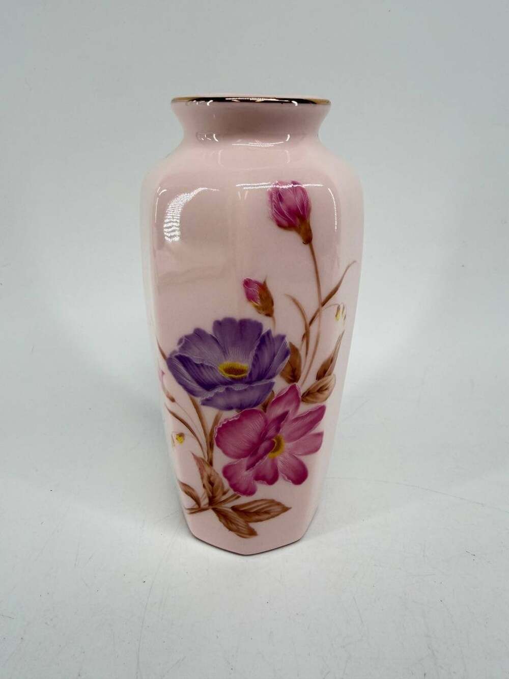 Japanese Pink Ceramic Floral Vase Purple Flowers Gold Trim Decorative Japan
